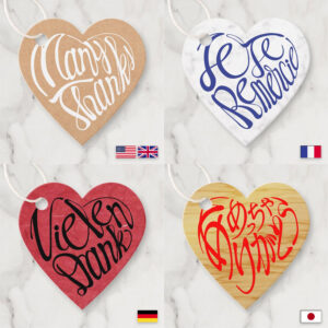 Many thanks in French, German and Japanese Hiragana as heart tags