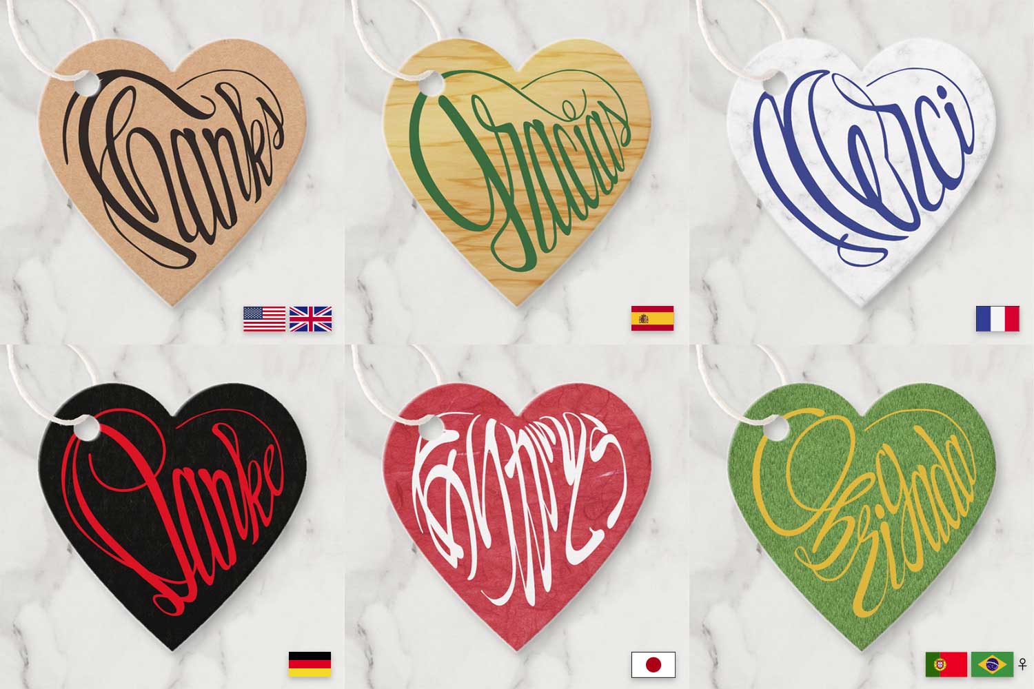 heart shaped thanks in spanish, franch, deand japanese hiragana calligraphy tags